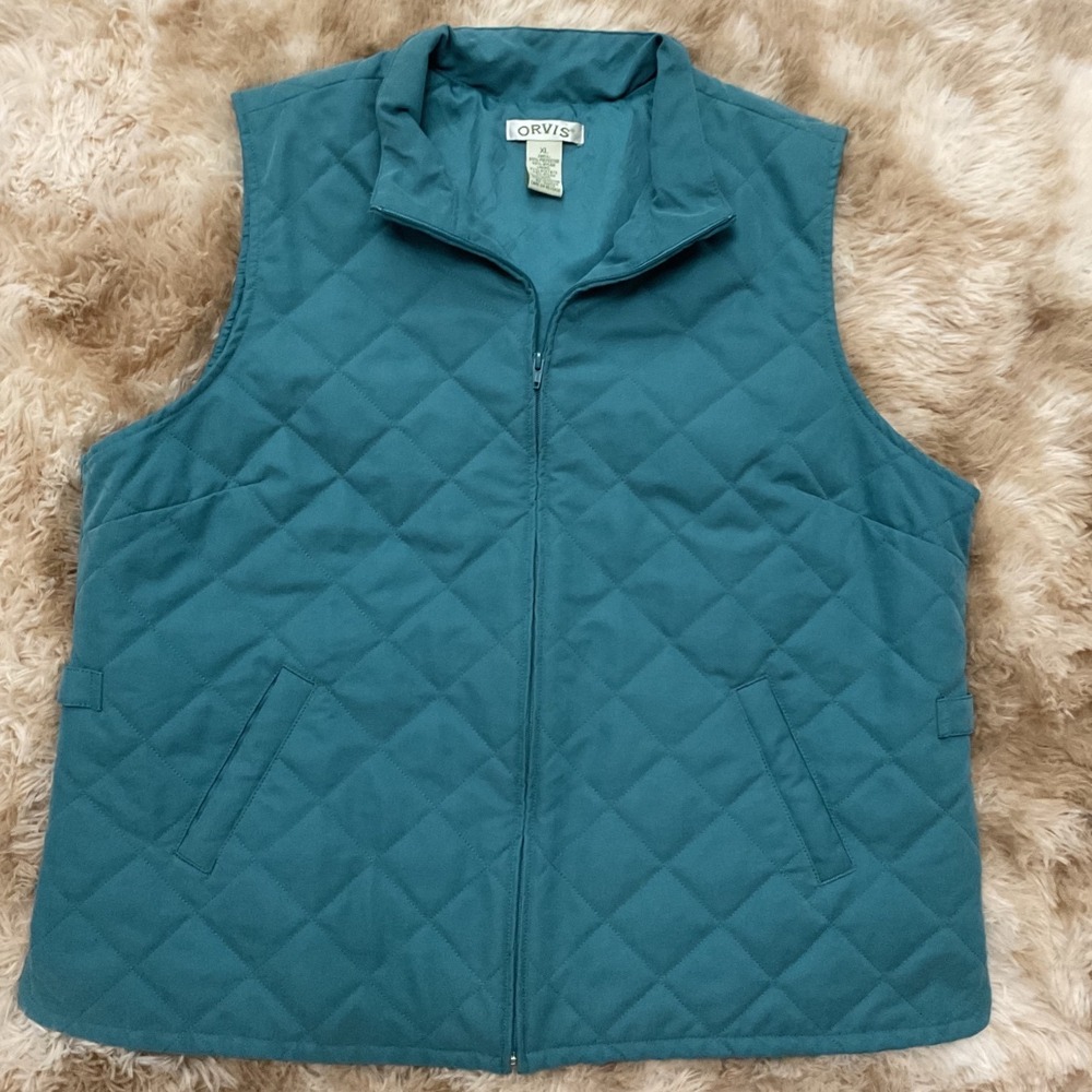 Orvis Womens Teal Blue Diamond Quilted Full Zip Mock Neck Vest Size XL OR-6T5C